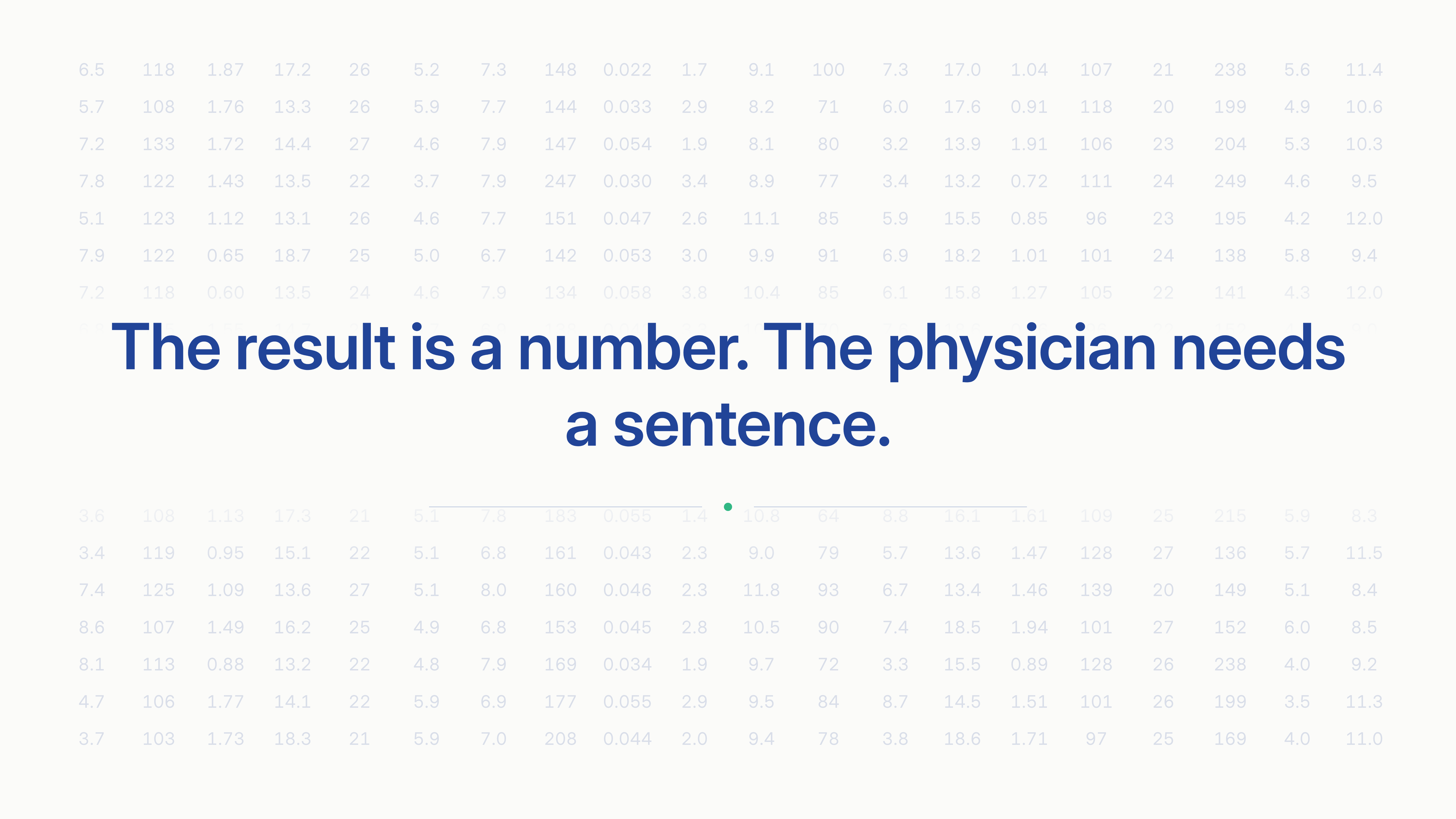 The result is a number. The physician needs a sentence: a grid of raw laboratory values with the key message overlaid